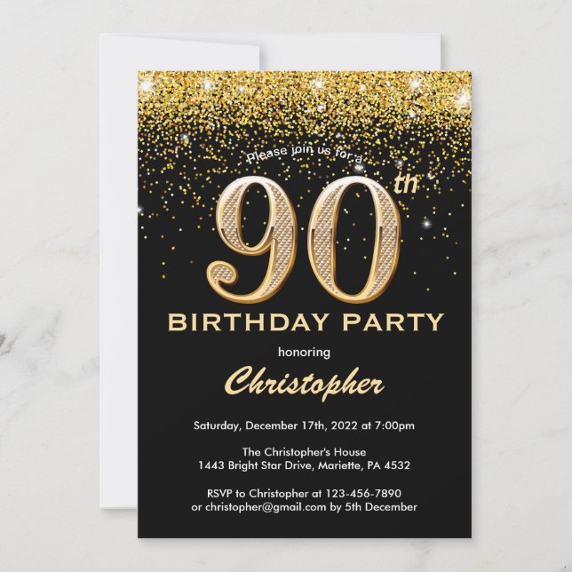 90th Birthday Black and Gold Glitter Confetti Invitation (Front)