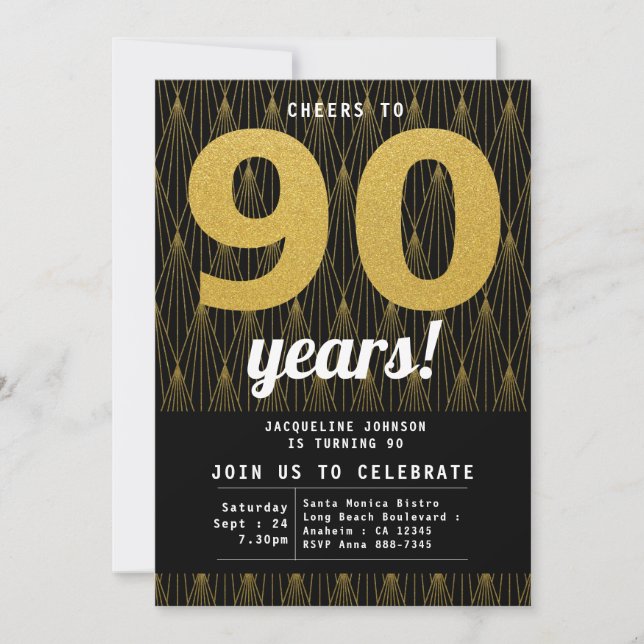 90th Birthday Black And Gold Invitation (Front)