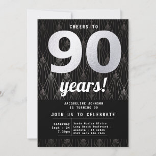 90th Birthday Black And Silver Invitation