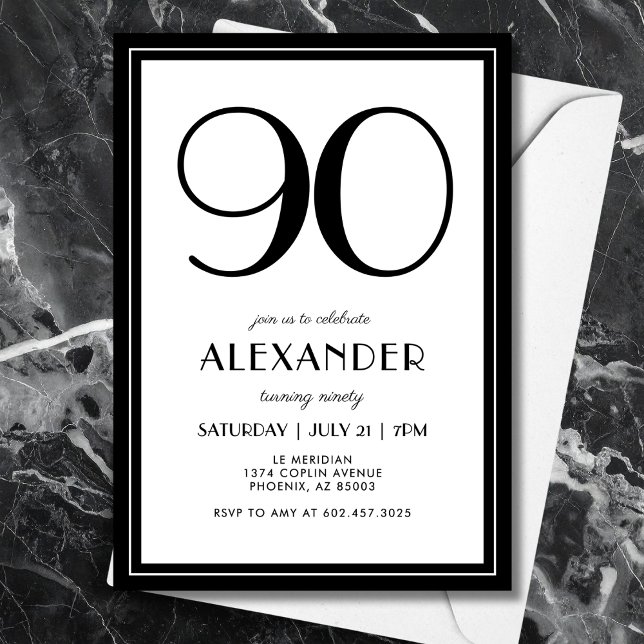 90th Birthday Black and White Modern Minimalist  Invitation (Modern black and white birthday style—minimalist typography for a timeless 90th.)