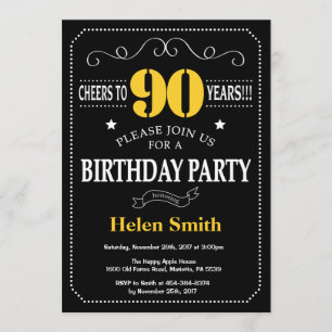90th Birthday Black and Yellow Chalkboard Invitation