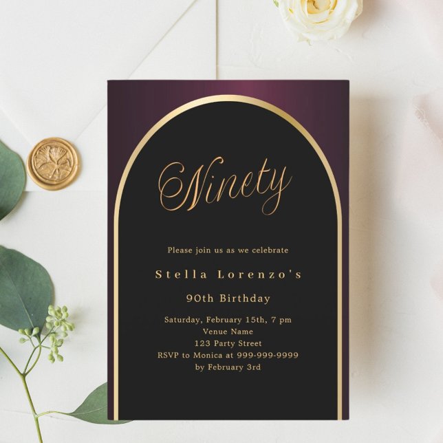 90th birthday black burgundy gold arch script invitation (Creator Uploaded)