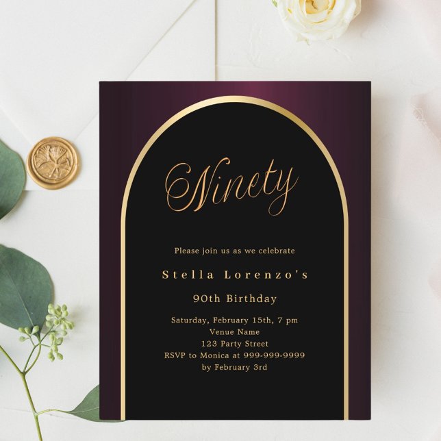 90th birthday black burgundy gold invitation (Creator Uploaded)