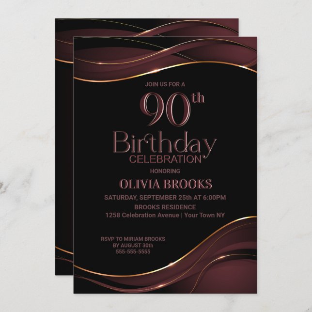90th Birthday Black Dusty Pink Party Invitation (Front/Back)