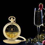 90th birthday black gold bow name elegant pocket watch<br><div class="desc">Elegant, classic, glamorous and feminine. A faux gold colored bow and ribbon, a bit of bling and luxury for a birthday gift or keepsake. Black background. Templates for her name, and the age 90. The name is written with a modern hand lettered style script. Golden colored numbers from 9 to...</div>