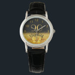90th birthday black gold bow watch<br><div class="desc">Elegant,  classic,  glamourous and feminine.  A faux gold coloured bow and ribbon.  Black background. Templates for her name,  and the age 90. The name is written with a modern hand lettered style script.  Golden coloured numbers from 9 to 3</div>