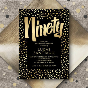 90th Birthday Black Gold Confetti Invitation