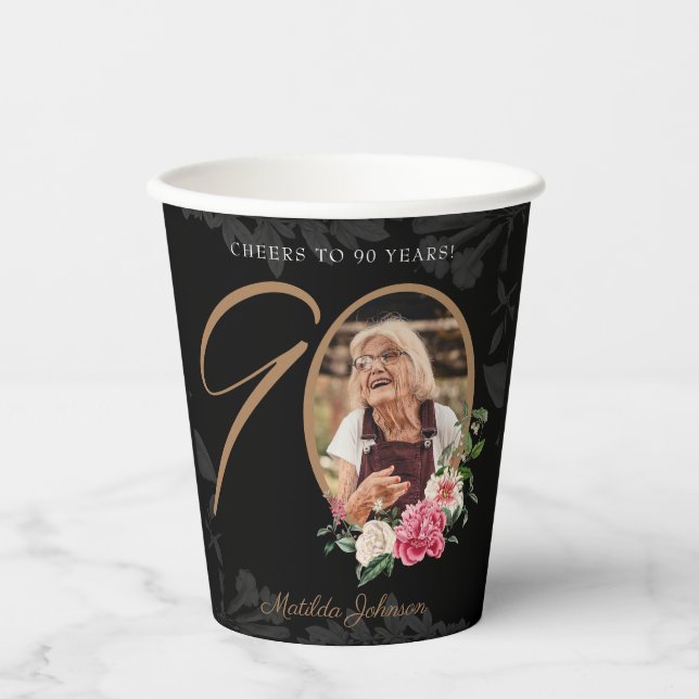 90th Birthday Black Gold Elegant Floral Custom Paper Cups (Front)