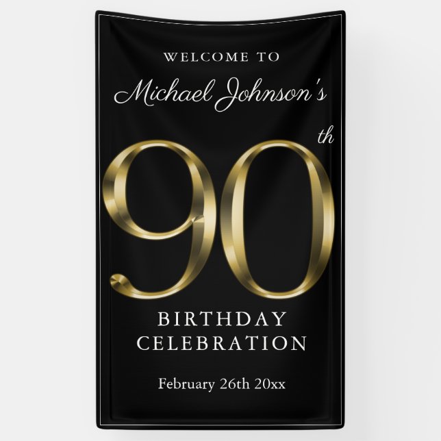90th Birthday Black Gold Elegant Welcome Party Banner (Vertical)