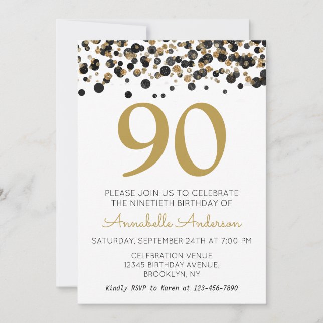 90th Birthday Black Gold Glitter Sparkle Confetti Invitation (Front)