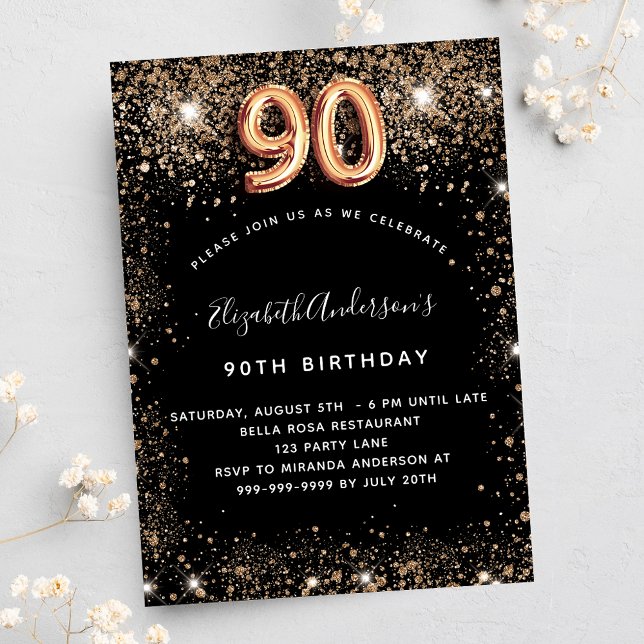 90th birthday black gold glitter sparkles luxury invitation (Creator Uploaded)