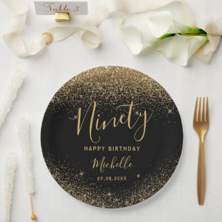 90th Birthday Black Gold Glitter Sparkles Name Paper Plate