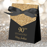 90th Birthday Black Gold Glitter Thank You Favour Box<br><div class="desc">This fabulous modern 90th Birthday Black Gold Glitter Thank You favour box with sparkling gold glitter, the birthday girl's name in a trendy script font, and tied with an elegant black bow would be perfect for your event. It would be great for a candy station, on a thank you gift...</div>