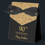 90th Birthday Black Gold Glitter Thank You Favour Box<br><div class="desc">This fabulous modern 90th Birthday Black Gold Glitter Thank You favour box with sparkling gold glitter, the birthday girl's name in a trendy script font, and tied with an elegant black bow would be perfect for your event. It would be great for a candy station, on a thank you gift...</div>