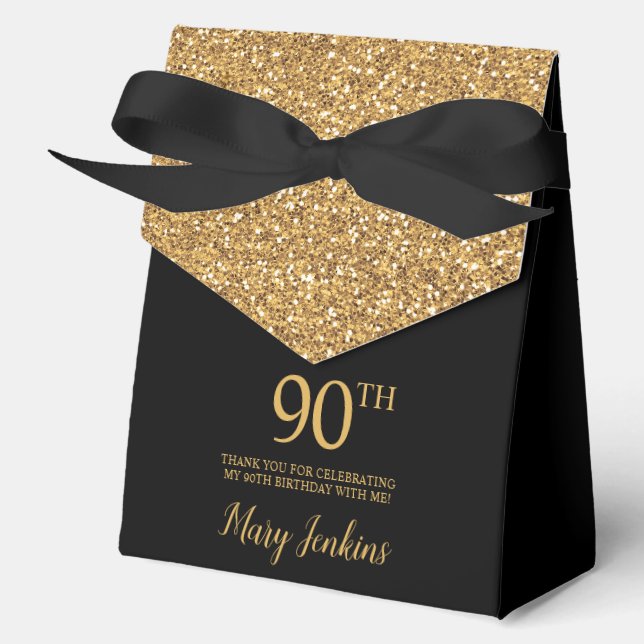 90th Birthday Black Gold Glitter Thank You Favour Box (Front)