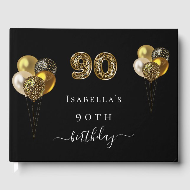90th birthday black gold leopard animal birthday guest book (Front)