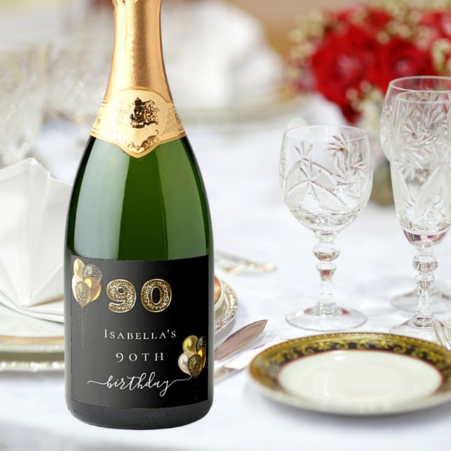 90th birthday black gold leopard animal sparkling wine label (Creator Uploaded)