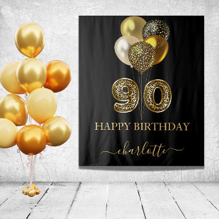 90th birthday black gold leopard name script tapestry