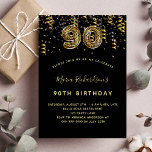 90th birthday black gold leopard print invitation postcard<br><div class="desc">A modern,  stylish and glamourous invitation for a 90th birthday party. A black background,  decorated with confetti.  The name is written with a modern hand lettered style script.  Personalise and add your party details.  Number 90 is written with a trendy balloon style font,  leopard pattern.</div>