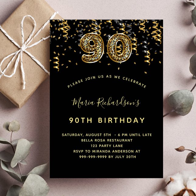 90th birthday black gold leopard print luxury invitation (Creator Uploaded)