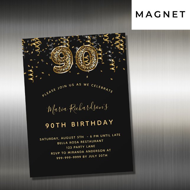 90th birthday black gold leopard print luxury magnetic invitation (Creator Uploaded)