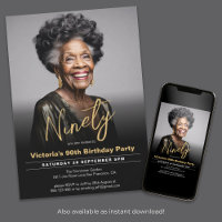 90th Birthday Black Gold Minimal Modern Photo
