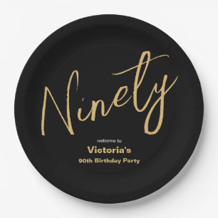 90th Birthday Black Gold Modern Typography Custom Paper Plate