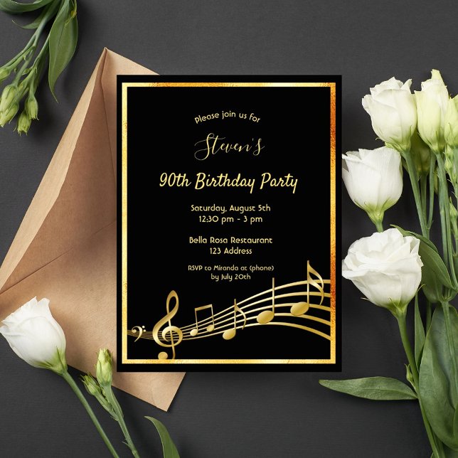 90th birthday black gold music notes invitation postcard (Creator Uploaded)
