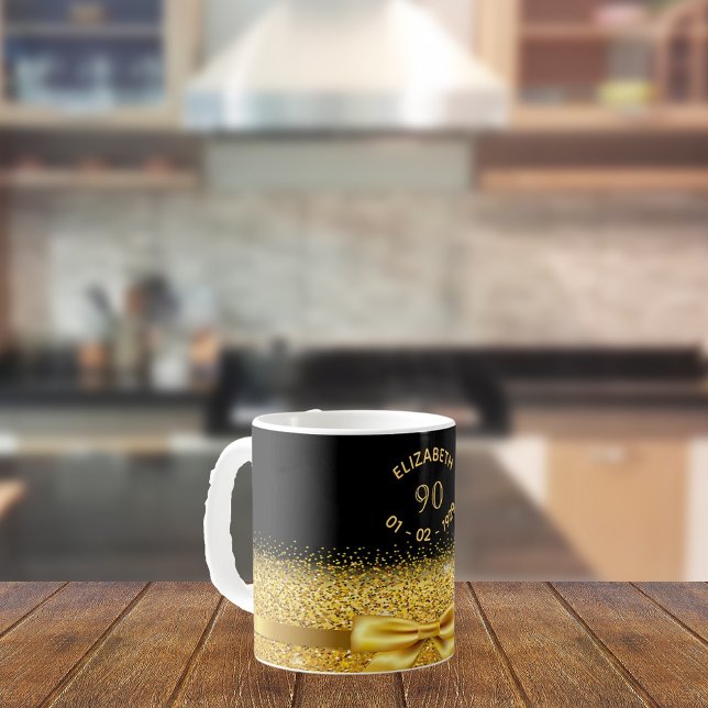 90th birthday black gold name classic elegant bow coffee mug (Creator Uploaded)