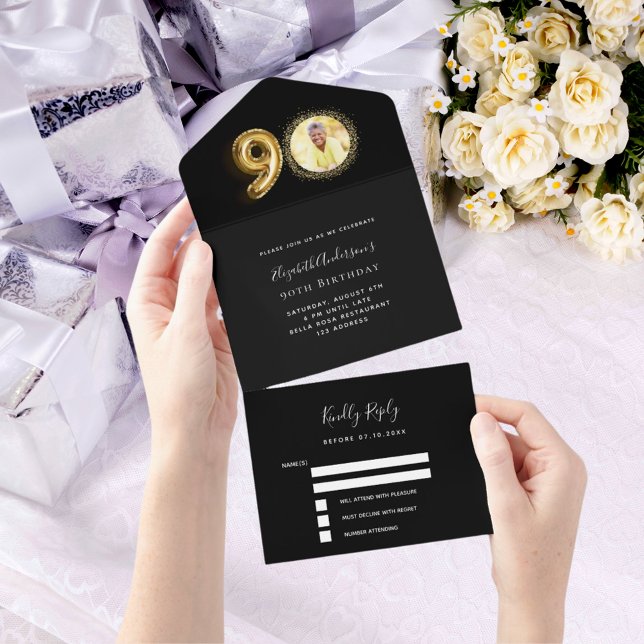 90th birthday black gold photo rsvp all in one invitation (Creator Uploaded)