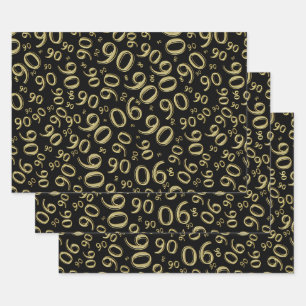 90th Birthday Black & Gold Random Number Pattern Wrapping Paper Sheet