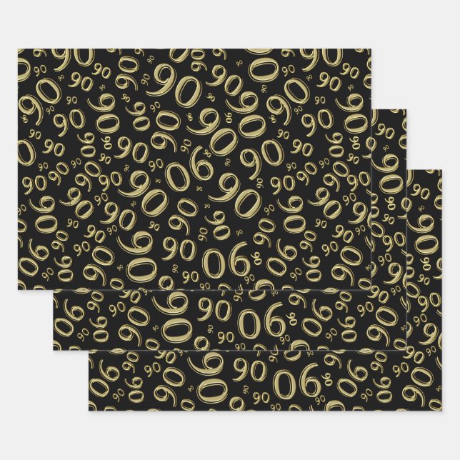 90th Birthday Black & Gold Random Number Pattern Wrapping Paper Sheet (Set)