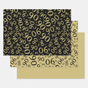 90th Birthday Black & Gold Random Number Pattern Wrapping Paper Sheet