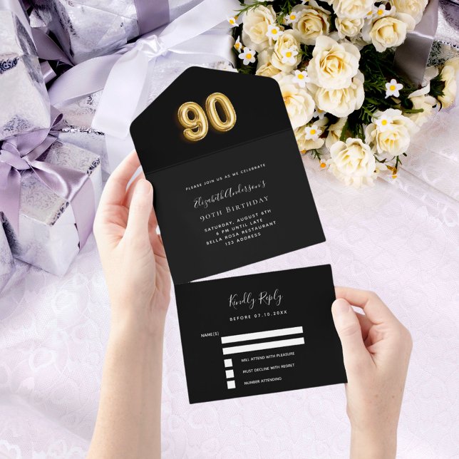 90th birthday black gold rsvp all in one invitation (Creator Uploaded)