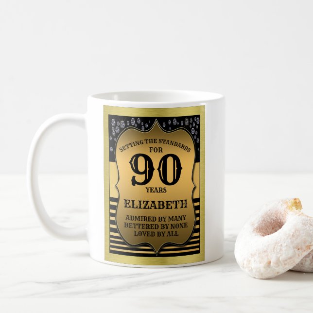 90th Birthday Black & Gold Shield Add Your Name Coffee Mug (With Donut)
