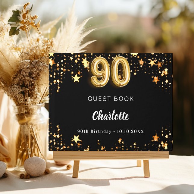 90th Birthday black gold stars Guest Book (Creator Uploaded)