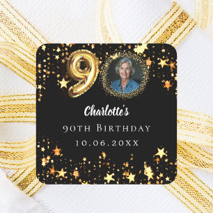 90th birthday black gold stars photo square sticker