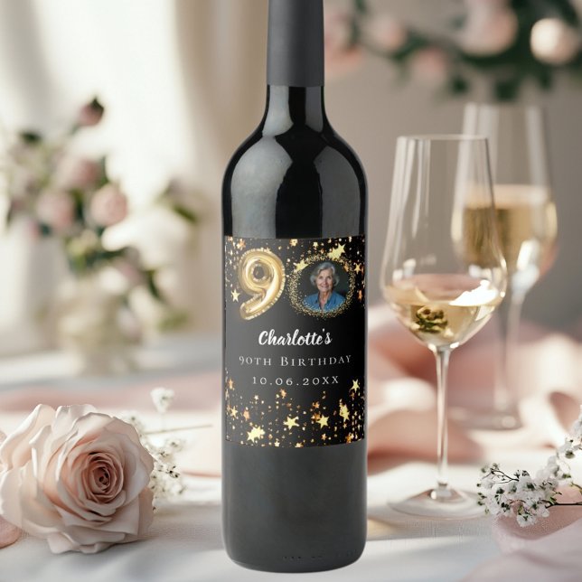 90th birthday black gold stars photo wine label (Creator Uploaded)