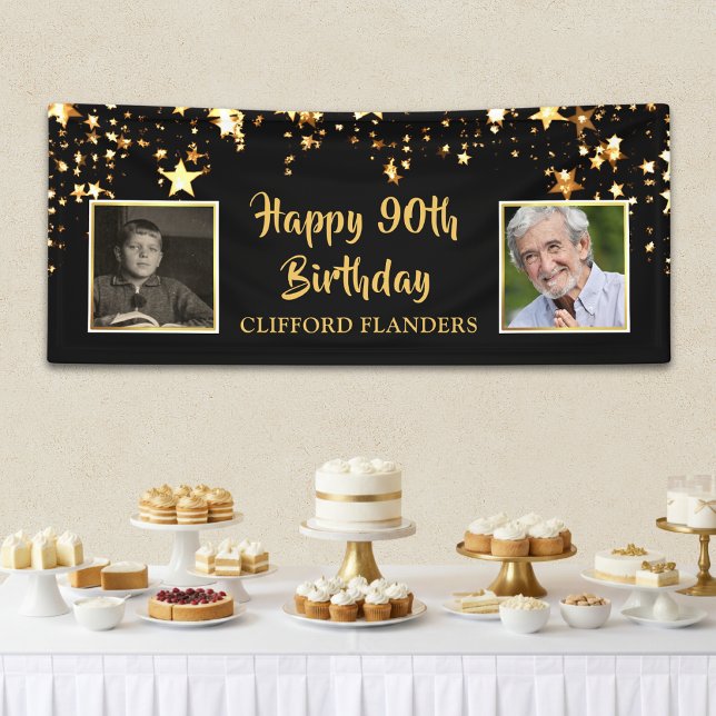 90th Birthday Black Gold Stars Photos Personalised Banner (Creator Uploaded)