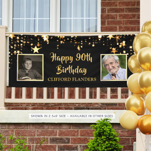 90th Birthday Black Gold Stars Photos Personalised Banner