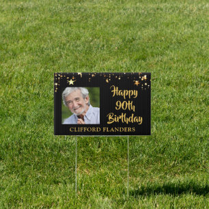 90th Birthday Black Gold Stars Two Photos Name Garden Sign