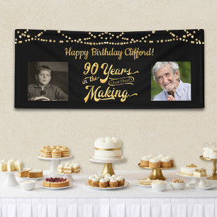 90th Birthday Black Gold String Lights Retro Photo Banner