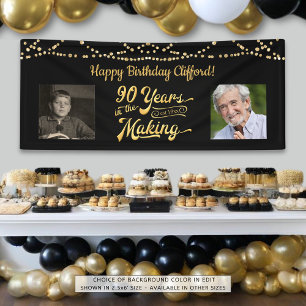 90th Birthday Black Gold String Lights Retro Photo Banner