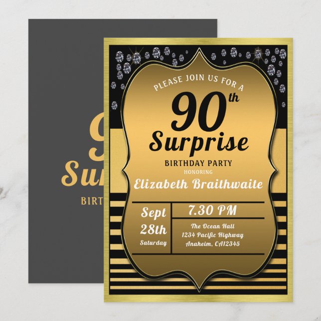 90th Birthday Black Gold Surprise Party Invitation (Front/Back)