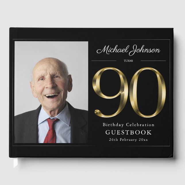 90th Birthday Black Gold Typography Classy Custom Guest Book (Front)