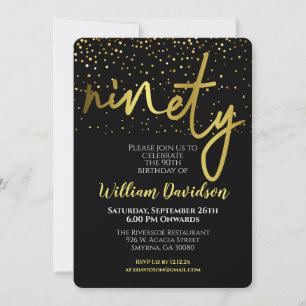 90th Birthday Black Gold Typography Invitation