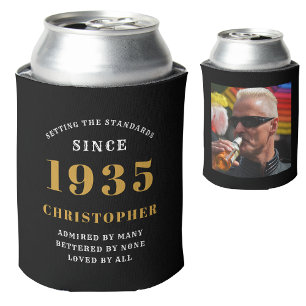 90th Birthday Black Gold With Photo Can Cooler