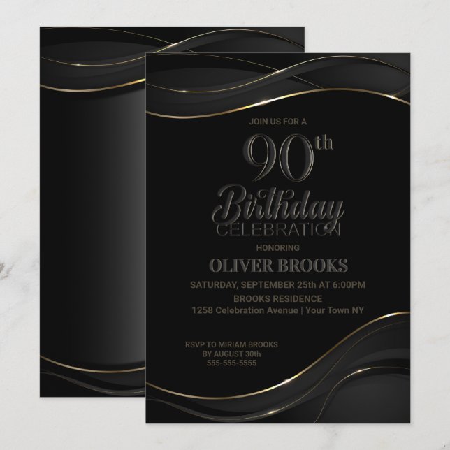 90th Birthday Black Grey Party Invitation (Front/Back)
