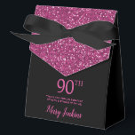 90th Birthday Black Hot Pink Glitter Thank You Favour Box<br><div class="desc">This fabulous modern 90th Birthday Black Hot Pink Glitter Thank You favour box with sparkling hot pink glitter, the birthday girl's name in a trendy script font, and tied with an elegant black bow would be perfect for your event. It would be great for a candy station, on a thank...</div>