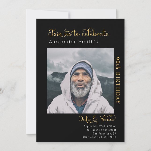 90th Birthday Black Invitation (Front)